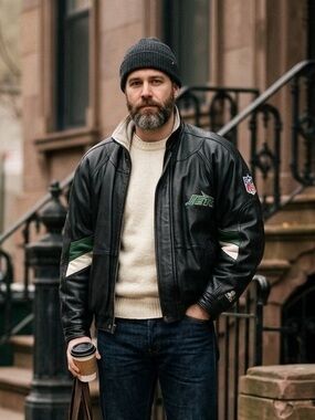 Vintage‎ 1990 New York Jets Black Leather Bomber Jacket
